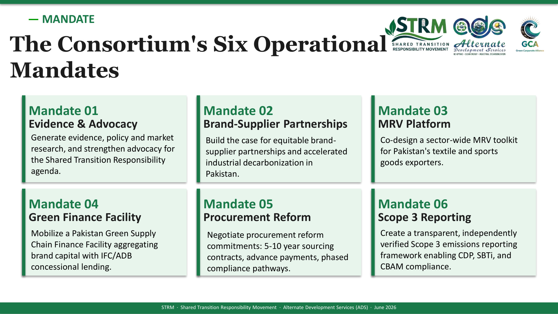 The Consortium's Six Operational Mandates (STRM Conceptual Framework, p.7): (01) Evidence & Advocacy, (02) Brand-Supplier Partnerships, (03) MRV Platform, (04) Green Finance Facility, (05) Procurement Reform, and (06) Scope 3 Reporting.